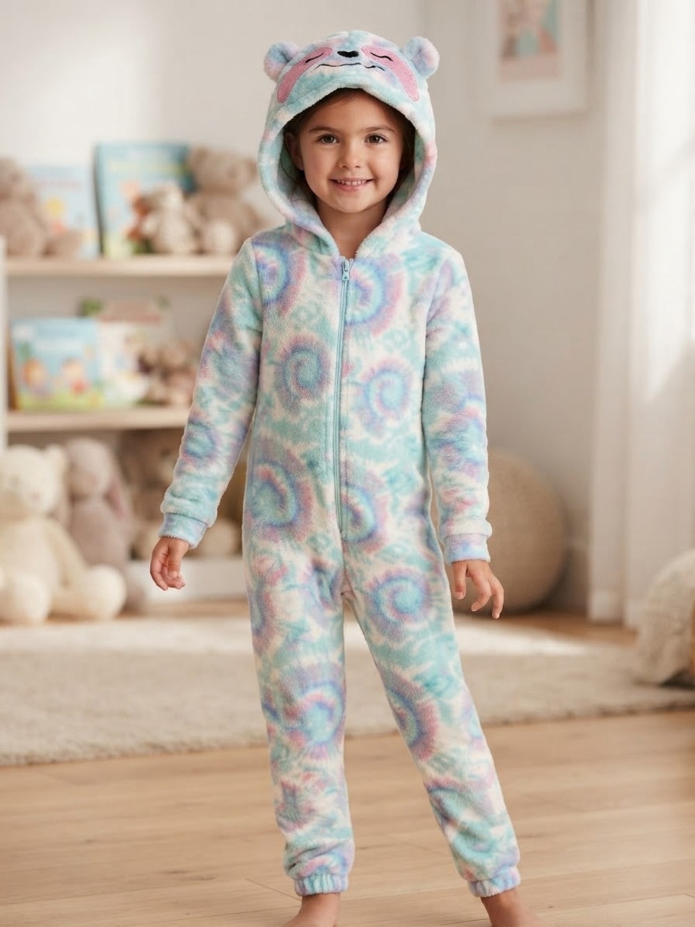 Bobbie Brooks Girls Size 6/6X Fleece Sloth Hooded Onesie Pajamas Tie-Dye